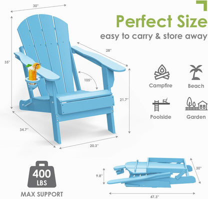 GREENVINES Folding-Adirondack-Chairs-Set-of-4 | HDPE Plastic | Fire Pit Chair | All Weather | Cup Holder | Arctic | for Deck Backyard Patio Outdoor Garden