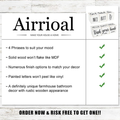 Funny Farmhouse Bathroom Decor and Accessories for Shelf, 4-Sided Wooden Blocks - Nice Butt&Get Naked&Hello Sweet Cheeks&Wash Your Hands Sign, Modern Rustic Restroom Decorations, White 2.8"