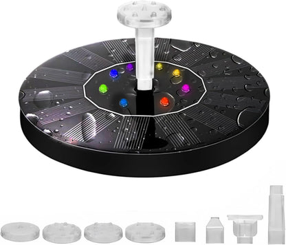 Solar Powered Fountain Pump for Bird Bath, Garden, Pond & Outdoor Decor - 7 Nozzles, 4 Fixers, Colorful LED Lights, Upgraded Glass Panel, Small Water Fountain for Fish Tank & Swimming Pool