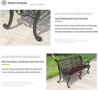 Outdoor Garden Bench with Waterproof Cover, Patio Park Lawn Solid Wood Bench with Cast Iron Frame, Patio Porch Furniture Bench with Backrest and Armrests for 2-3 People(Antique Bronze)