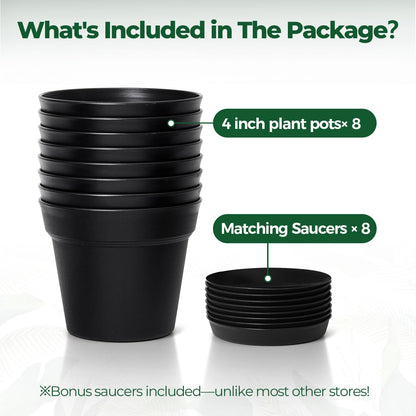 T4U 4 Inch Plant Pots 8-Pack, Small Flower Pots with Drainage Hole and Saucer, Decorative Nursery Pot Bulk for African Violet, Snake Plant, Succulent, Herb and Plants Indoor (8 Pcs 4" Pots, Black)