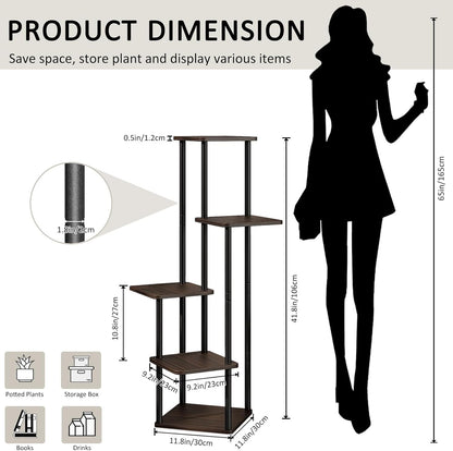 5 Tier Wood Tall Plant Stand Metal Rack Indoor, Multiple Flower Pot Holder Shelves Corner Rack, Planter Shelf Display Rack Storage Organizer for Patio Living Room Balcony Garden(Black Oak)