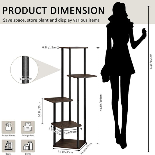 5 Tier Wood Tall Plant Stand Metal Rack Indoor, Multiple Flower Pot Holder Shelves Corner Rack, Planter Shelf Display Rack Storage Organizer for Patio Living Room Balcony Garden(Black Oak)