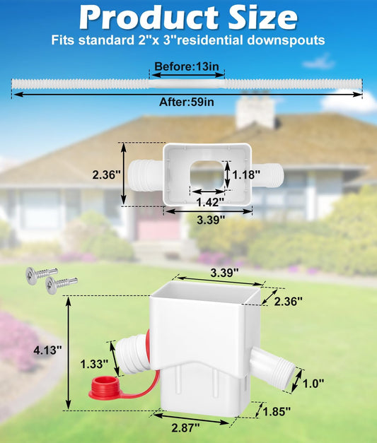 Downspout Diverter, WADEO Rain Barrel Diverter Fits for 2"x 3" Standard Downspout, Rainwater Collection System with Two Water Outlets to Collect Rainwater from Gutter, with 5FT Hose