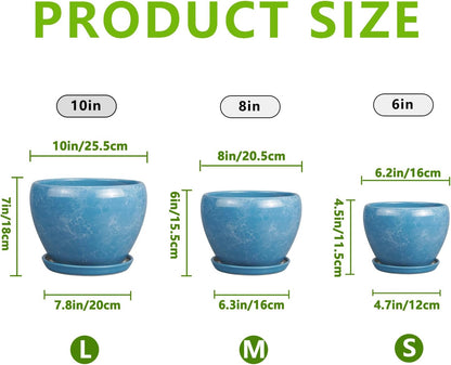 Ceramic Plant Pots - 10+8+6 Inch Modern Round Planters for Indoor Outdoor with Drainage Holes and Plant Saucers, Room Patio House Office Decor, Gardening Gifts for Women Men, Set of 3, Blue
