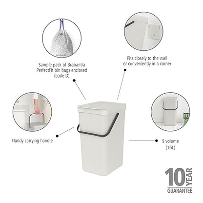 Brabantia Sort & Go Kitchen Recycling Bin | S / 4.2 Gal / 16L | Light Gray | Removable Stay-Open Lid, Carry Handle | Trash Can for Bottles, Cans, Paper, Glass | Wall-Mounting Bracket Included