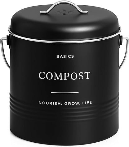 D'Lifeful Kitchen Compost Bin – 1.3 Gallon Countertop Farmhouse Compost Container with Lid – Odorless Indoor Food Scrap Pail with 6 Charcoal Filters – Eco-Conscious and Easy to Clean (Black)