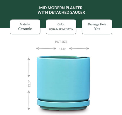 Ceramic Mid Modern Planter Pots with Detached Saucer - Indoor/Outdoor Plant Pots with Drainage Hole