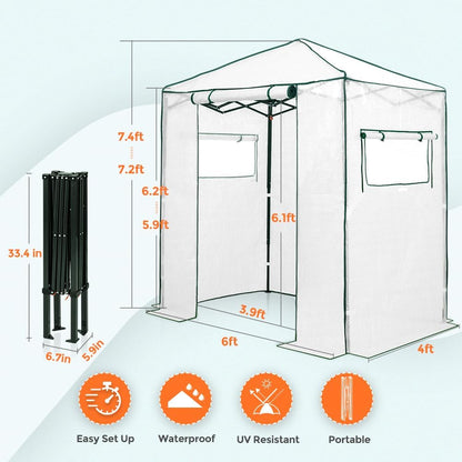 EAGLE PEAK Instant Pop-up Greenhouse, Indoor Outdoor Plant Gardening Green House, Roll-Up Zipper Doors and Side Windows, Walk in 6x4 ft, PE Cover, White/Clear