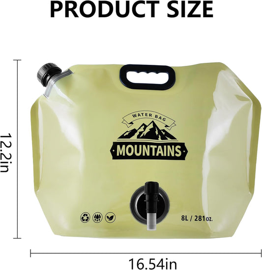 Collapsible 8L Water Storage Bag, BPA-Free Portable Folding Water Jug with Adjustable Faucet, Leakproof Emergency Water Bag for Camping, Hiking, Riding, Outdoor Sport (BEIGE & GREEN, 2)