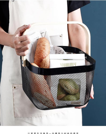 2 Pack Garden Harvest Baskets, Picnic Baskets with Durable Metal Mesh and Bamboo Handle, Perfect for Shopping, Gardening, Picnics, and Organizing