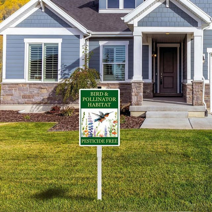 Bird and Pollinator Habitat Pesticide Free Yard Sign With Stakes 7x9.8inches Rustproof Reflective Aluminum Pollinator Friendly Garden Sign Stand Hummingbird Outdoor Decor