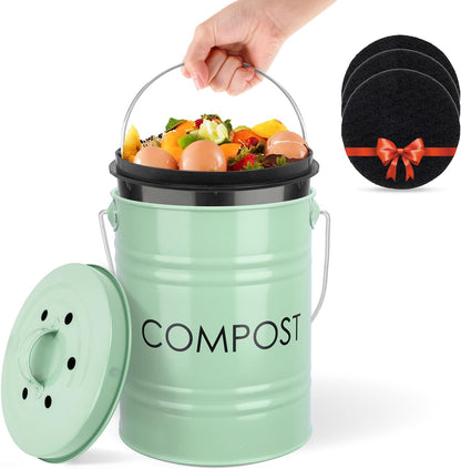 Vipush Kitchen Countertop Compost Bin with lid – Small, Includes Inner Compost Bucket Liner & Charcoal Filter, Green