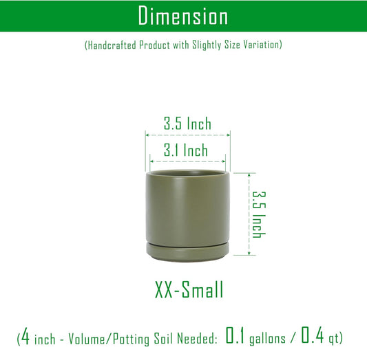 D'vine Dev 3.5 Inch Ceramic Planter Pot with Drainage Hole and Saucer, Indoor Cylinder Round Planter Pot, Olive, 94-O-A-J