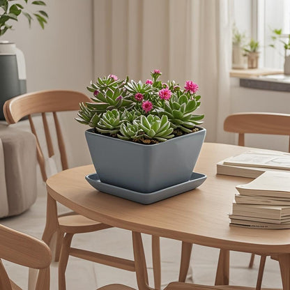 Square Plant Saucer 4 Inch 2 Pack，Plant Trays for Pots, Gray Ceramic Plant Saucers for Indoors Outdoors, Plant Drip Tray 4 6 8 10 12 14 Inch