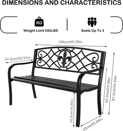 YLGJ&TIDY 50" Outdoor Bench, Metal Garden Bench, Patio Park Bench with Backrest & Armrests, Rust-Resistant, Perfect for Gardens, Parks, Porch, Lawn and Yard (BENCH01)