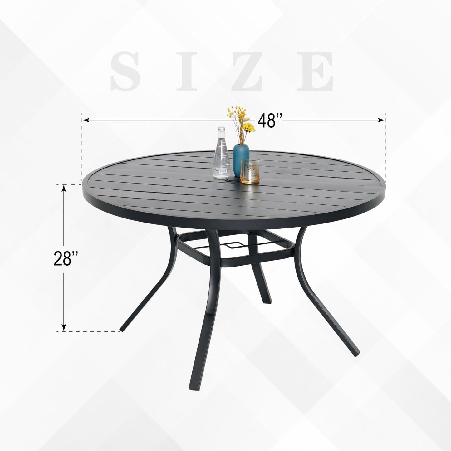 Round Outdoor Dining Table, 48-inch All-Weather Patio Table with Adjustable Umbrella Hole for Deck Lawn Garden Backyard Balcony Deck, Black Metal Frame Slatted Tabletop