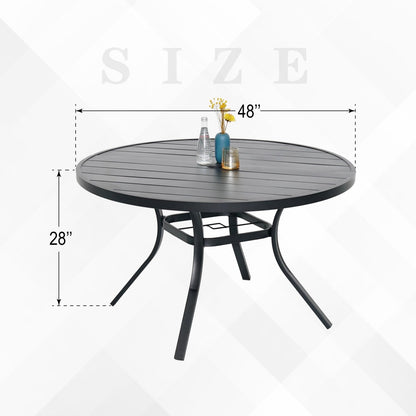 Round Outdoor Dining Table, 48-inch All-Weather Patio Table with Adjustable Umbrella Hole for Deck Lawn Garden Backyard Balcony Deck, Black Metal Frame Slatted Tabletop