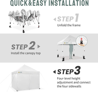 CROWN SHADES 10x10 Pop Up Canopy Tent Instant Commercial 1-Person Setup Patended Centerlock with 400D Fabric, 4 Sidewalls, 4" Wheels, 4 Upgraded Weights, Sto'N Go Bag, White