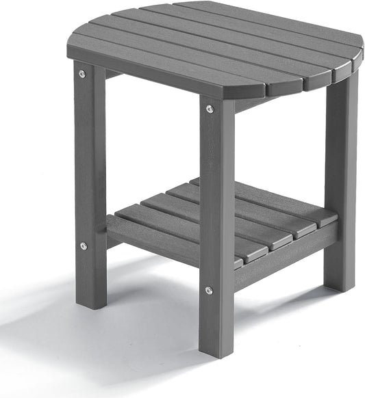 PASAMIC Outdoor Side Table, HDPE Adirondack Oval Side Table with 2-Tier Storage, Weather Resistant Outdoor End Table for Patio, Backyard, Pool, Indoor Companion, Beach, Easy Maintenance Table (Grey)