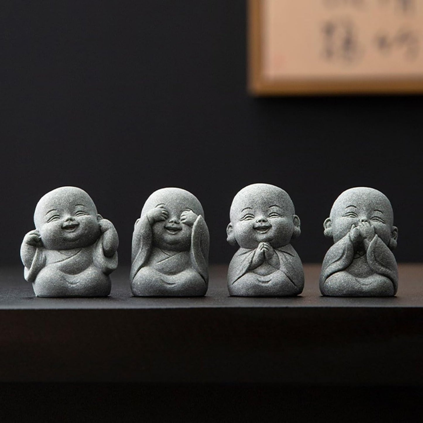Laughing Buddha Statue Decor - 4Pcs Small Zen Monk Sandstone Buddha Sculpture for Wealth Good Luck Feng Shui Decor, Cute Zen Decoration for Home Office Desk Indoor and Outdoor(Gray)