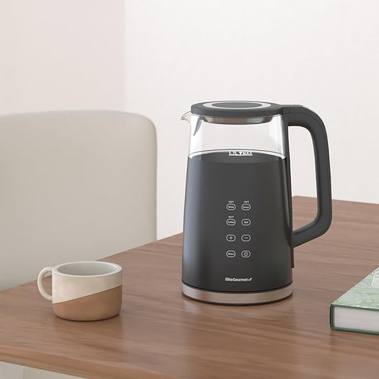 Elite Gourmet 1.7L Dual Wall Cool Touch Electric Tea Kettle, Borosilicate Glass, 304 Stainless Steel Interior, Programmed Digital Touchscreen, Keep Warm, Auto Off & Audible Indicator, Black