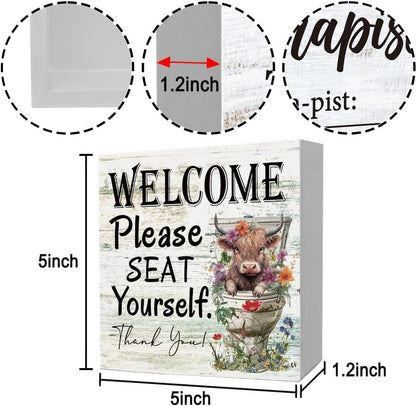 Funny Highland Cow Please Seat Yourself Bathroom Home Décor Sign Farmhouse Bathroom Signs Decor Rustic Wood Plaque Decor for Home Restroom Shelf