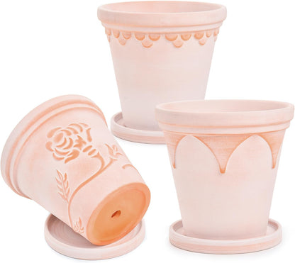 Sungmor Terra Cotta Pot Set - 3 Unique Embossed Clay Planters with Saucer & Drainage, 8 Inch Large & Deep, Pretty Color, Ideal for Orchid, Cactus, Succulent
