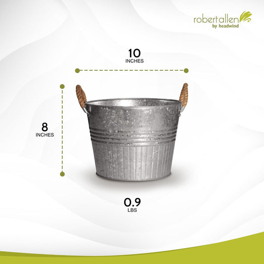 Headwind Round Galvanized Bucket w/Rope Handles – 10 Inch Metal Tub Bucket Planter for Outdoor Plants with Drainage Hole – Galvanized Large Outdoor Planters Buckets by Robert Allen