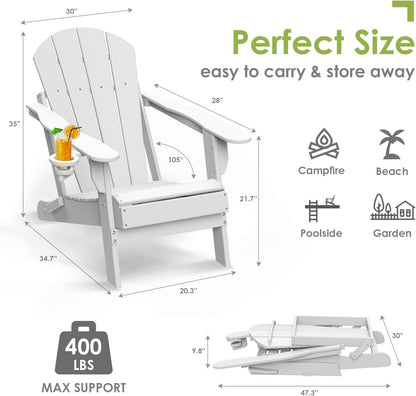 GREENVINES Folding-Adirondack-Chairs-Set-of-4 | HDPE Plastic | Fire Pit Chair | All Weather | Cup Holder | White | for Deck Backyard Patio Outdoor Garden