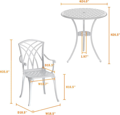 Patio Bistro Set 3 Piece, Cast Aluminum Bistro Set for 2 w/Umbrella Hole, Outdoor Table and Chairs Set of 2, Bistro Set for Balcony/Backyard/Garden, White