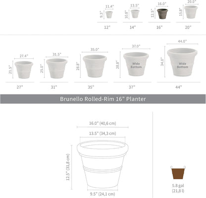 Crescent Garden Brunello Classic Rolled Rim Planter Pot, Indoor/Outdoor Weather-Safe Round Plant Pot, 16'' (Caviar Black)