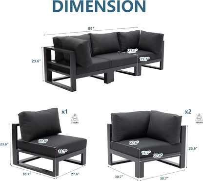 Modern 3 Seater Sofa Outdoor Sectional Sofa Set Patio Conversation Sofa Sets for Garden Backyard, Dark Grey Cushions
