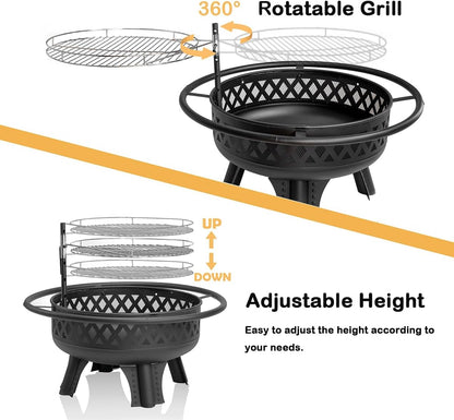 32 Inch Outdoor Fire Pit with Grill, Wood Burning Firepit for Outside with Lid/Fire Poker, Metal Round Fire Pit Table for Patio Backyard Garden Bonfire Party