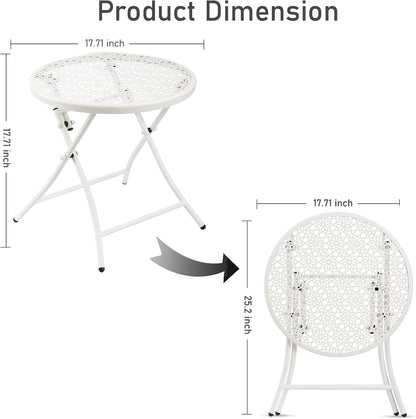 TeoKJ Folding Outdoor Side Tables, Anti Rust Small Patio Table Round Metal Nightstand with Flower Cutouts for Porch Yard Balcony Deck Lawn, White