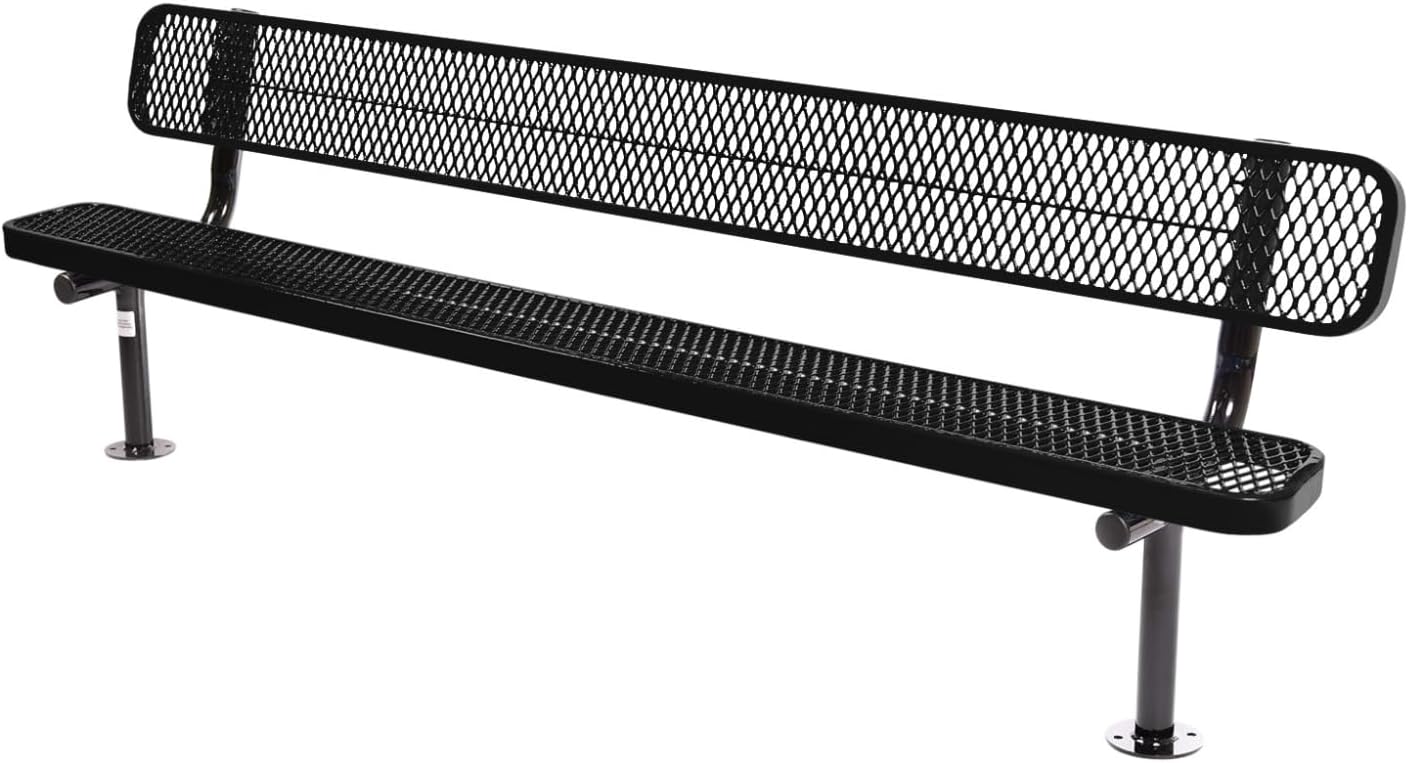Coated Outdoor Furniture Heavy-Duty Outdoor Bench Thermoplastic Coated, Expanded Metal, Commercial-Grade Seating, Made in America (Surface with Back, 8 Ft, Textured Black)