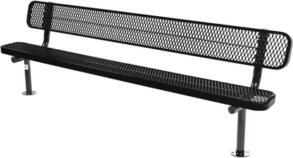 Coated Outdoor Furniture Heavy-Duty Outdoor Bench Thermoplastic Coated, Expanded Metal, Commercial-Grade Seating, Made in America (Surface with Back, 8 Ft, Textured Black)