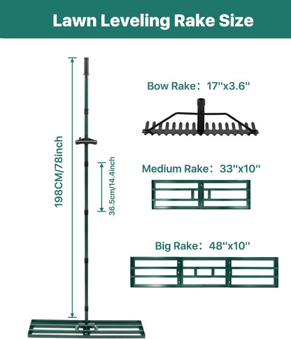 Lawn Leveling Rake 33x10'', Yard Leveling Rake with 78'' Back-Saving Adjustable Handle, Stainless Steel Lawn Leveler Tool with 17'' Tines Head for Garden, Backyard, Farm, Golf Course