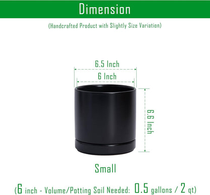 D'vine Dev Set of 2 Plants Pots, 6.5 Inch Ceramic Planter Pot for Plants with Drainage Hole and Saucer, Black, 94-V-C-2