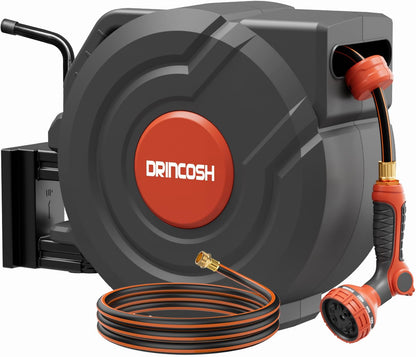 Upgraded Retractable Garden Hose Reel 1/2" x 155 ft Pro 180° Swivel Metal Bracket Automatic Retract Heavy Duty Hose Reels Wall Mount Any Length Lock 9 Pattern Nozzle Garden Watering