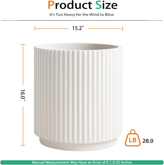 Round Concrete Planter Outdoor Indoor, Large Cement Plant Pots for Flowers (Vertical White, 16 inch)