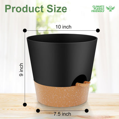 10-Inch Plant Pots, Self-Watering Planters with Drainage Holes & Saucers for Indoor and Outdoor Plants (2-Pack, Black)