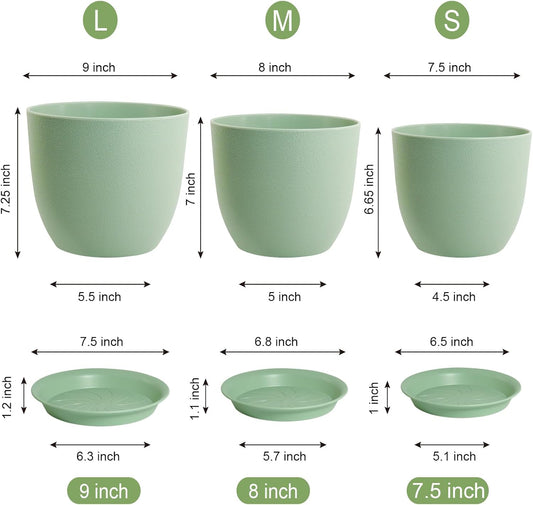 Modern Plant Pots Set, 9/8/7.5 inch Plastic Planters for Indoor Plants, Stylish Flower Pots with Drainage Holes and Saucers for House Plants and Flowers, Green