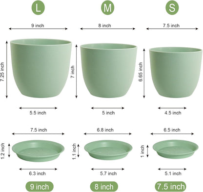 Flower Pots 9/8/7.5 inch, Plant Pots for Indoor Outdoor Plants, Set of 3 Modern Decorative Plastic Planters with Drainage Holes and Saucers for Garden Porch House Plants, Green