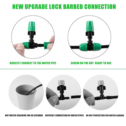 Misting Cooling System with 20 Adjustable Nozzles.20 Lock Barbed 6mm to 1/4 Inch Tee, 5 Lock Barbed End Plugs for Greenhouse Lawn Raised Bed