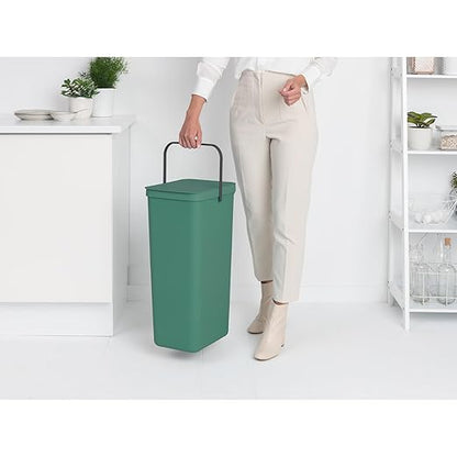 Brabantia Sort & Go Kitchen Recycling Bin | L / 10.6 Gal / 40L | Fir Green | Removable Stay-Open Lid, Carry Handle | Trash Can for Bottles, Cans, Paper, Glass | Wall Bracket Sold Separately