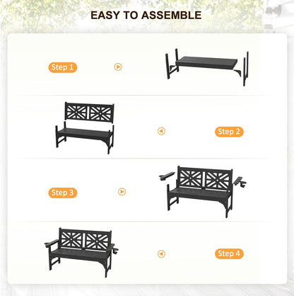 nalone Outdoor Bench with Cup Holders, HDPE All Weather Porch Bench Load up to 800 Lbs, 2-Person Garden Benches Rot-Proof Fade Proof for Patio, Porch, and Park (Black)