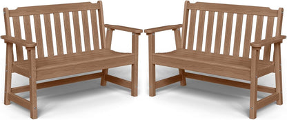 Outdoor Bench, 2-Person HDPE Garden Bench, All Weather Poly Patio Bench for Outdoors, Garden, Backyard, Porch and Park, 660 lbs Weight Capacity, Teak, 2 Pack