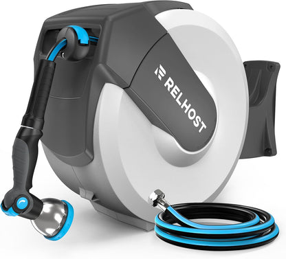 Retractable Garden Hose Reel 65 ft x 5/8 in, Heavy Duty Hose Reel Wall Mount with Any Length Lock, Auto Rewind System, 180° Swivel Bracket, 10-Pattern Garden Hose Nozzle, White & Grey