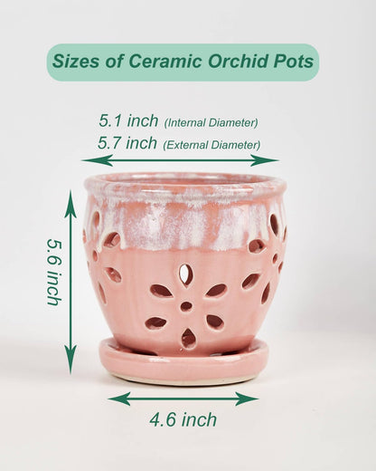 vensovo 5 Inch Ceramic Orchid Pots with Holes and Saucers - 1 Pcs Small Succulent Pot for Repotting, Garden Flowerpots for Plants Indoor and Outdoor Promotes Air Circulation, Pink